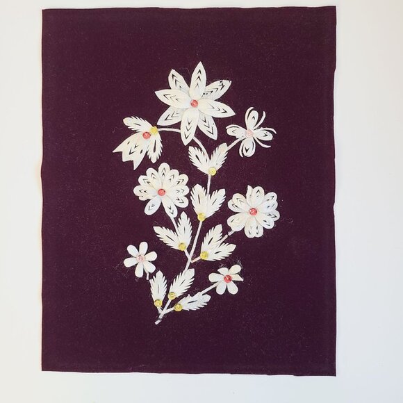 Handcrafted Other - Handcrafted Floral Applique On Deep Burgundy Velvet 1970's White Petals Sequence